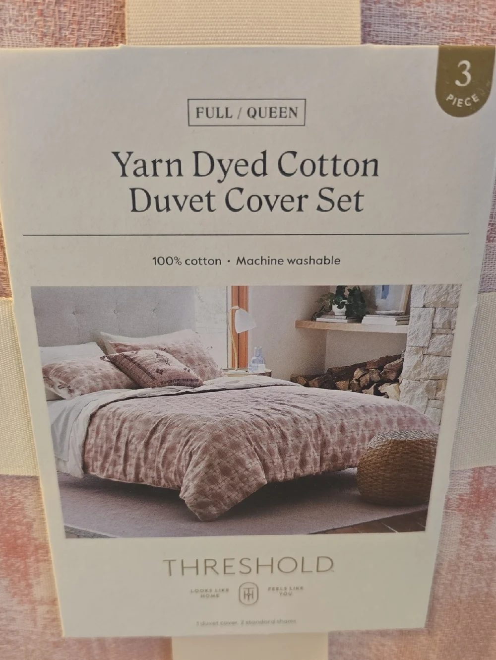 Threshold Yarn Dyed Cotton Duvet & Shams Cover Set, Full/Queen Ivory, Mauve